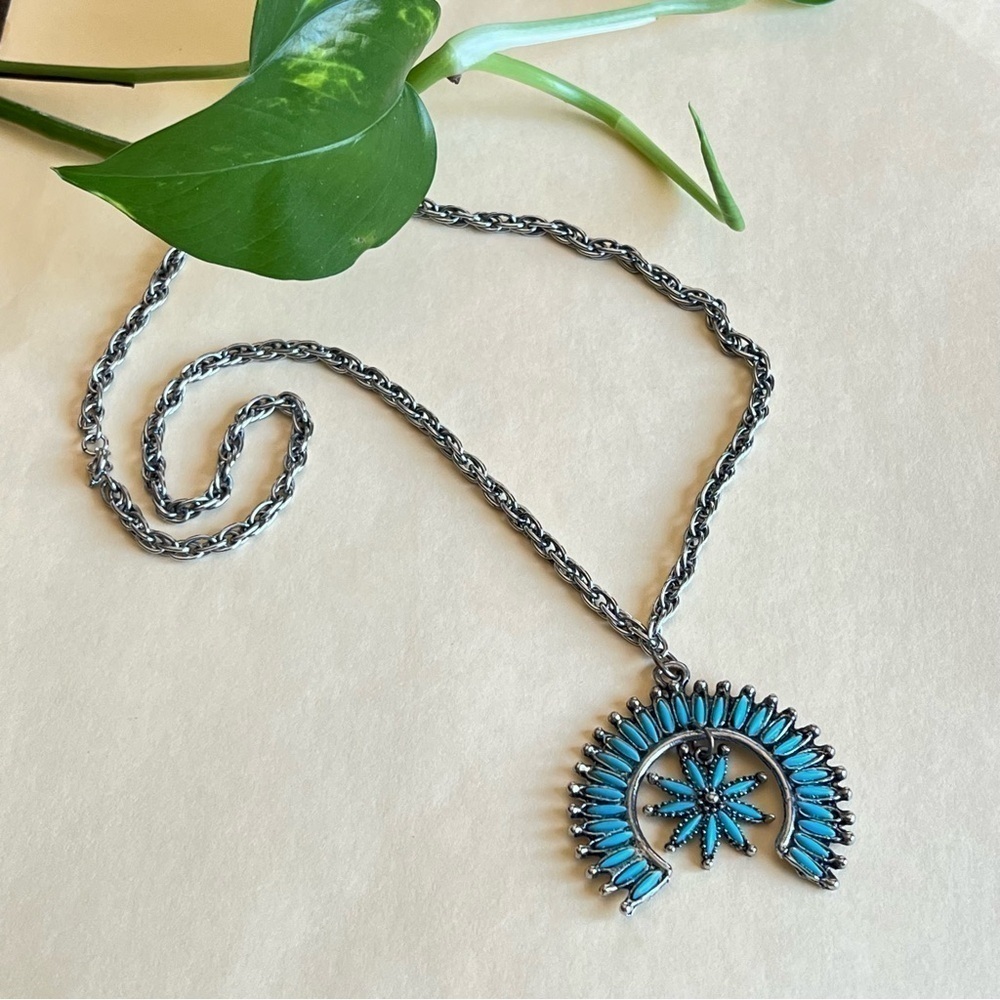 Squash blossom fashion necklace, silver tone and faux turquoise, unmarked